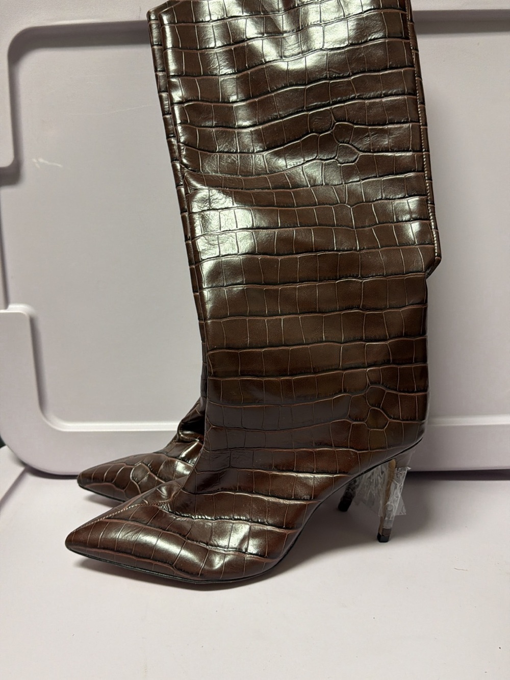 Schultz Brown Croc-Embossed Pointed-Toe Knee-High Boots